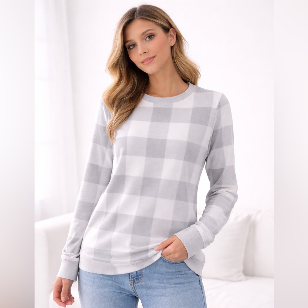 Rachel Zoe Light Gray and White Checkered Crew Neck Sweater size medium